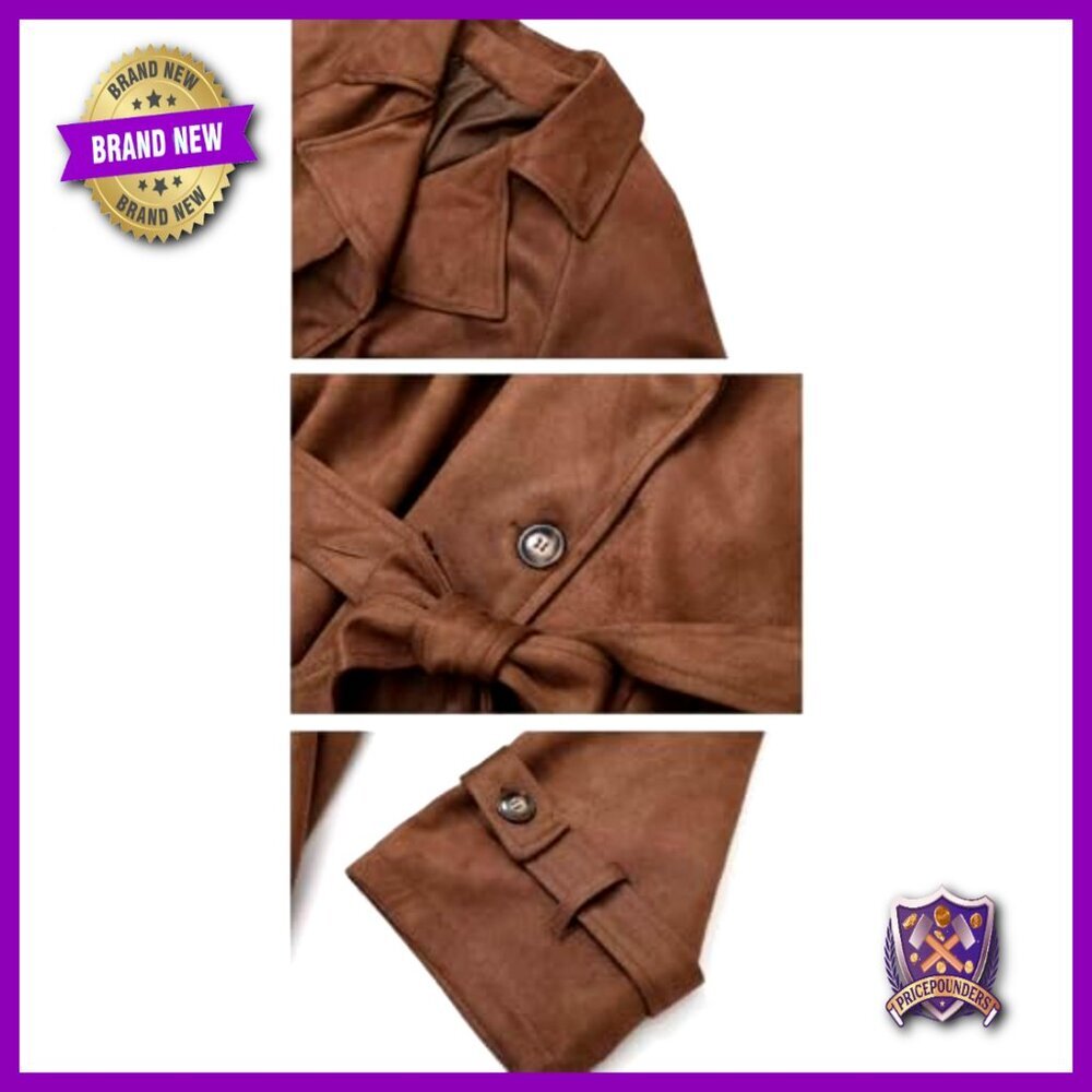 Faux Suede Trench Coat Double Breasted Belted Pea Coat Elegant Classic Chic - Picture 5 of 7